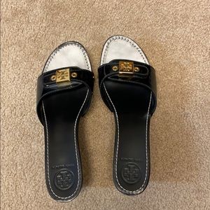 Tory Burch black patent wedges